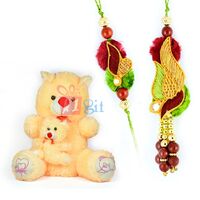 Big Stuffed Teddy Bear n Little Bowed Toy with Bhaiya Bhabhi Rakhis