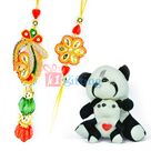 Black-White Stuffed Puppy Pair n Zardosi Beads Royal Bhaiya Bhabhi Rakhi