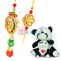Black-White Stuffed Puppy Pair n Zardosi Beads Royal Bhaiya Bhabhi Rakhi
