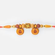 Simple Divine Swastika in Mid with Om Written on Sandalwood Special Brother Rakhi