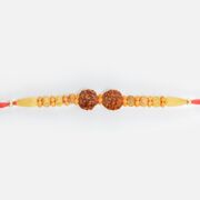 Two Rudraksha in Mid with Sandalwood Beads Liner Design Attractive Bhai Rakhi