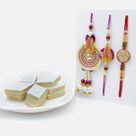 Beautiful Bhaiya-Bhabhi Rakhi and Om Rakhi Set of 3 with Delicious Kaju Katli