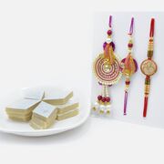 Beautiful Bhaiya-Bhabhi Rakhi and Om Rakhi Set of 3 with Delicious Kaju Katli