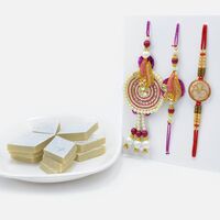 Beautiful Bhaiya-Bhabhi Rakhi and Om Rakhi Set of 3 with Delicious Kaju Katli
