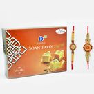 Ruby Studded Auspicious Rakhi Set with Kanha Soan Papdi