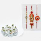 Zardozi Bhaiya-Bhabhi Rakhi and AD worked Tortoise Rakhi Set with Tasty Kaju Kalash 