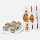 Zardozi Pearl Designer Rakhi Set and OM Rakhi with Dry Fruit Laddu