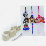 Dancing Peacock Zardozi Rakhi and Chhota Bheem Kids Rakhi with Divine Badam Barfi