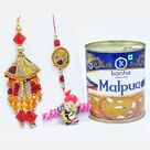 Kanha Malpua and Red Glass Desginer Rakhi Set with Ganesha Kids Rakhi 