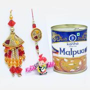 Kanha Malpua and Red Glass Desginer Rakhi Set with Ganesha Kids Rakhi 
