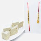 Simple and Elegant Golden Rakhi Set for Bhaiya-Bhabhi with Badam Barfi