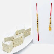 Simple and Elegant Golden Rakhi Set for Bhaiya-Bhabhi with Badam Barfi