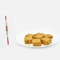 Tempting Besan Badam Chakki with Elegant Rudraksha Rakhi