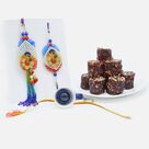 Led Light Kids Rakhi with Zardozi Bhaiya-Bhabhi Rakhi Set for Family of 3 with Kanha Khajoor Dryfruit