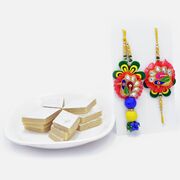 Stunning Bhaiya-Bhabhi Zardozi Rakhi with Savory Kaju Katli