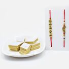 Golden Mauli Threaded Rakhi Set of 2 with Delicious Kaju Katli