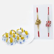 Golden Krishna Ji and Diamond Studded Rakhi Set of 2 for Bhaiya with Flavourful Kaju Badam Laddu