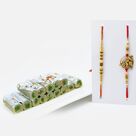 Playing Golden Kanha and Elegant Rakhi Set of 2 with Savory Kaju Pista Roll