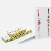 Auspicious Rakhi Set of 2 with Tasty Kaju Pista Roll