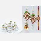 Beads and Pearls Rakhi Set for Bhaiya-Bhabhi and Swastik Rakhi with Divine Kaju Kalash