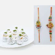 Designer Floral Rakhi Set of 2 with Kaju Kalash