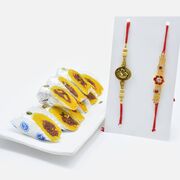 Amazing Golden and Ruby Rakhi Set of 2 with Flavoursome Kaju Raj Bahar