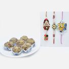 Funny Minion and White Akora Pearls Bhaiya-Bhabhi Rakhi Set of 3 with Mouth-Watering Dry Fruit Laddu
