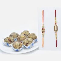 Stunning AD Worked Rakhi Set of 2 with Zestful Dry Fruit Laddu