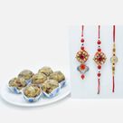 Square Cut Ruby Bhaiya-Bhabhi Rakhi Set of 2 with Amazing Dry Fruit Laddu