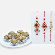 Square Cut Ruby Bhaiya-Bhabhi Rakhi Set of 2 with Amazing Dry Fruit Laddu