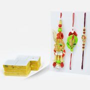 Zardozi Bhaiya-Bhabhi Rakhi and Rudraksha Rakhi Set of 3 with Flavoursome Kaju Kesar