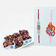Delicious Kaju Rose Laddu with Shiny Diamond Studded OM Rakhi and Tom and Jerry Kids Rakhi