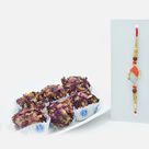 Divine Rudraksha with Golden Petals Rakhi with Tasty Kaju Rose Laddu