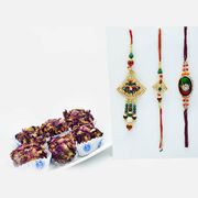 Colourful Rakhi Set for Bhaiya Bhabhi with Mouth-watering Kaju Rose Laddu