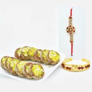 Rudraksha Bracelet and Ruby Studded Rakhi Set of 2 with Tasty Kaju Anjeer Chakra