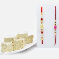Designer Floral Rakhi and Simple Rakhi Set of 2 with Savory Badam Barfi