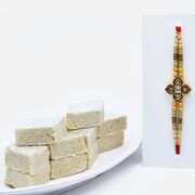 Amazing Multi-Coloured Beads Rakhi With Zestful Badam Barfi