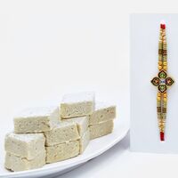 Amazing Multi-Coloured Beads Rakhi With Zestful Badam Barfi