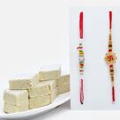 Delicious Badam Barfi with Mauli Threaded Rakhi Set of 2