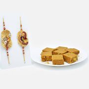 Delicious Besan Badam Chakki with Designer Zardozi Rakhi Set of 2