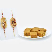 Delicious Besan Badam Chakki with Designer Zardozi Rakhi Set of 2