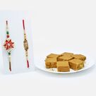 Ruby Floral Rakhi and AD worked Desginer Golden Rakhi with Savory Besan Badam Chakki