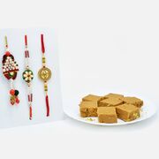 Tempting Besan Badam Chakki with Pearls Bhaiya-Bhabhi Rakhi and Golden Petal Rakhi 