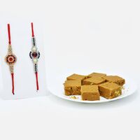 Beautiful Designer Diamond Studded Rakhi Set of 2 with Flavoursome Besan Badam Chakki