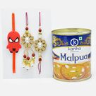 Exquisite Diamonds and Pearls Rakhi and Spider-Man Rakhi with Kanha Malpua 