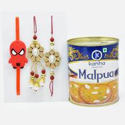 Exquisite Diamonds and Pearls Rakhi and Spider-Man Rakhi with Kanha Malpua 
