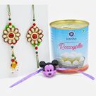 Zardosi Rakhi and Mickey Mouse Rakhi Set for Family of 3 with Authentic Kanha Rasgulla