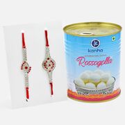 Red Ruby Rakhi Set of 2 for Pyare Bhaiya with Fresh Kanha Rasgulla