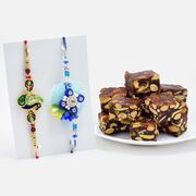 Kundan Worked Peacock Rakhi and Zardozi Floral Rakhi Set of 2 with Savory Anjeer Dryfruit