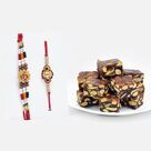 Magnificient Diamonds, Beads and Sandalwood Rakhi Set of 2 with Heavenly Anjeer Dryfruit